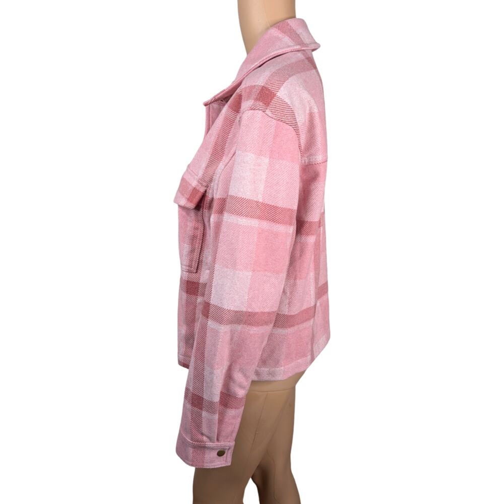 Old Navy Pink Plaid Relaxed Shirt Jacket Full Zip Cropped Utility Shacket M - Picture 9 of 12
